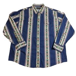 Vtg High Noon Shirt Mens XL Blue Green Striped Western Pearl Snap Aztec Tribal